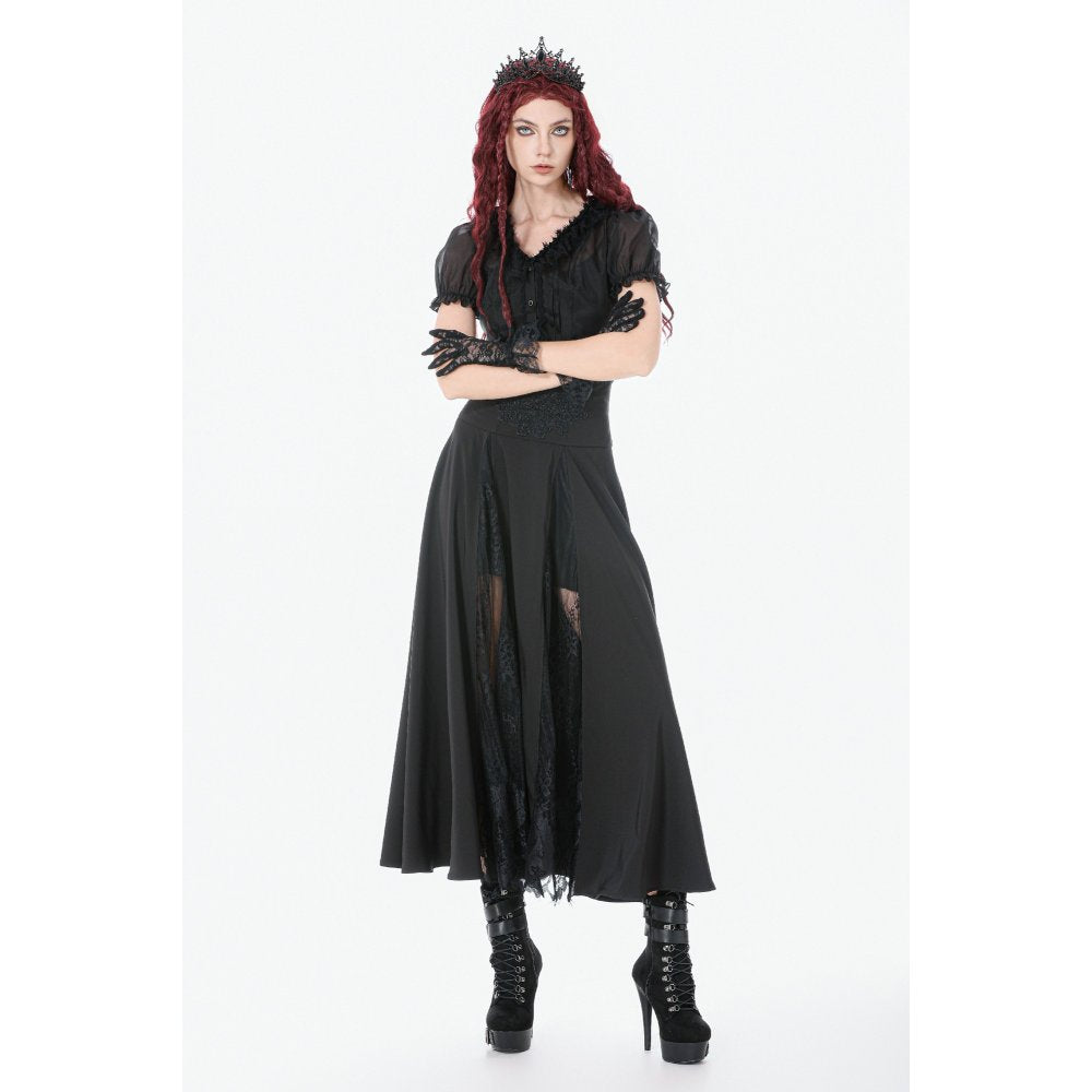 Dark in Love Dalaria High Waist Gothic Long Skirt - Lace Inset Panel