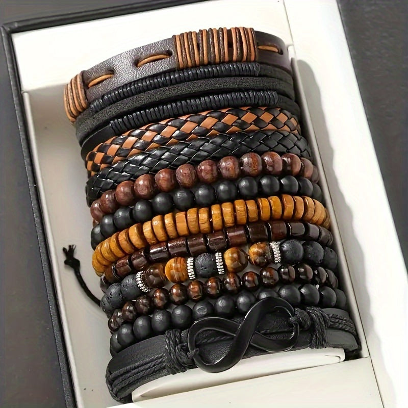 12pcs Vintage Braided Faux Leather Bracelet Set with Tiger Eye & Moonstone Beads