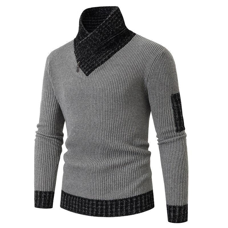 Men's Slim Knit Pullover Sweater with Scarf Collar – Long Sleeve Casual