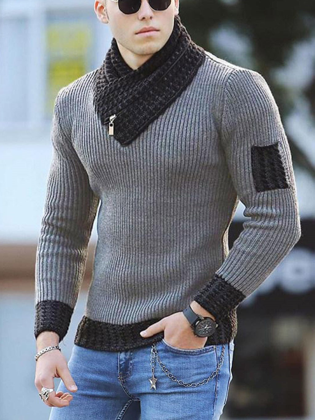 Men's Slim Knit Pullover Sweater with Scarf Collar – Long Sleeve Casual