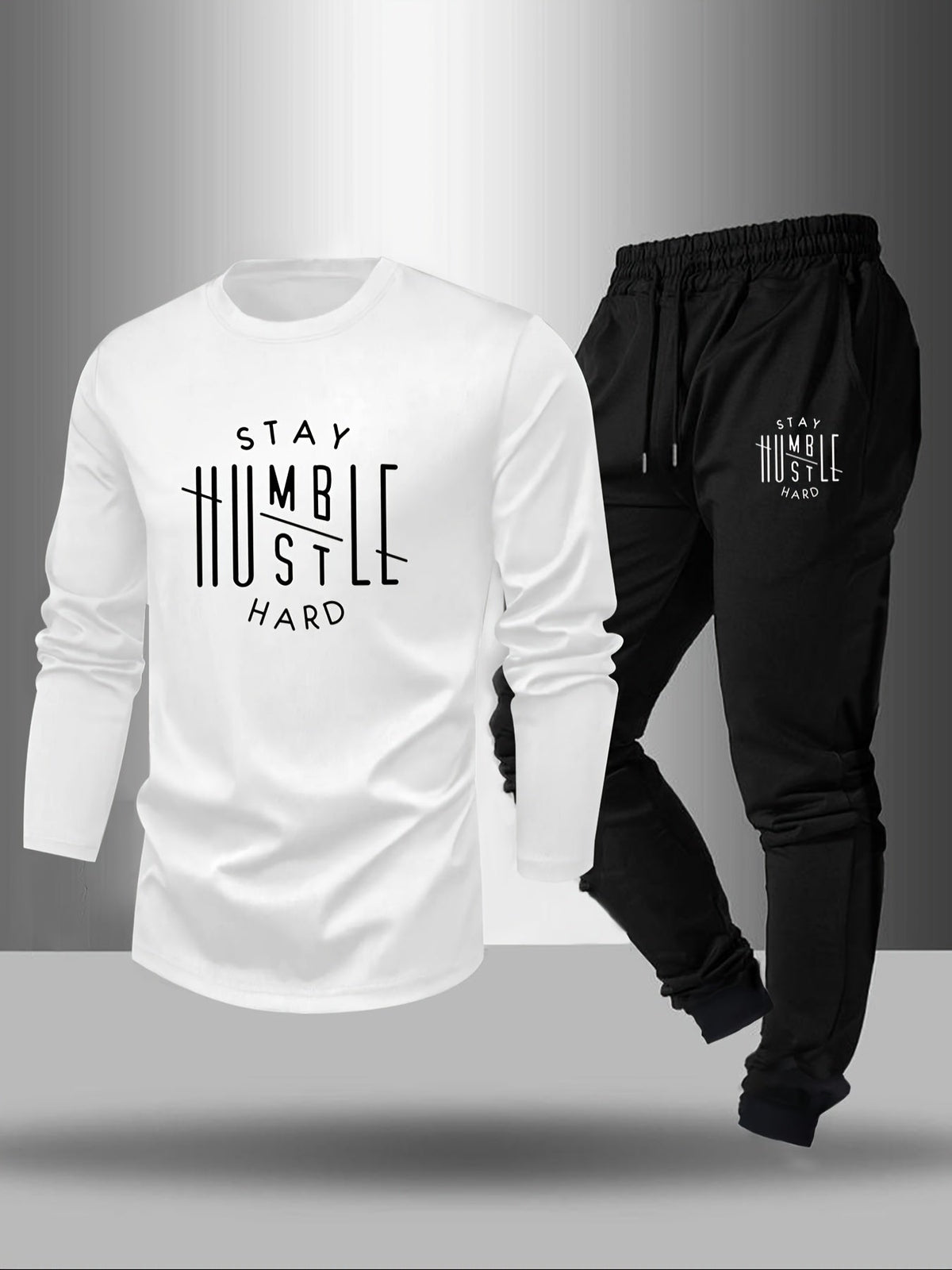 Men’s “STAY HUSTLE HARD” Long Sleeve T-Shirt & Jogger Set – 2-Piece Casual Outfit with Bold Print, Stretch Fabric, and Elastic Waistband for Spring/Fall