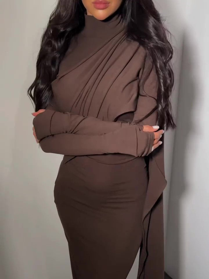 Brown Turtleneck Long-sleeved Slim Dress