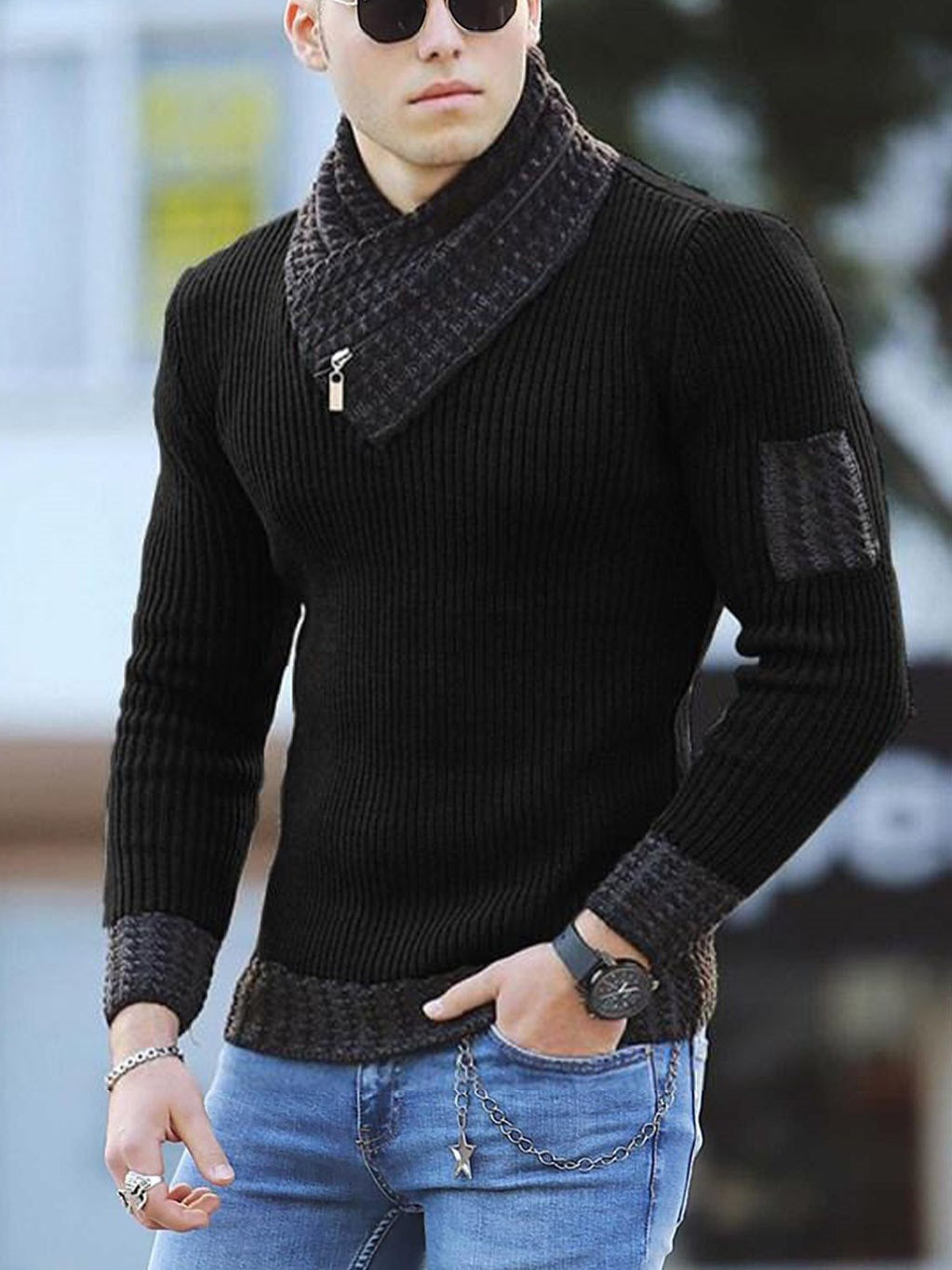 Men's Slim Knit Pullover Sweater with Scarf Collar – Long Sleeve Casual