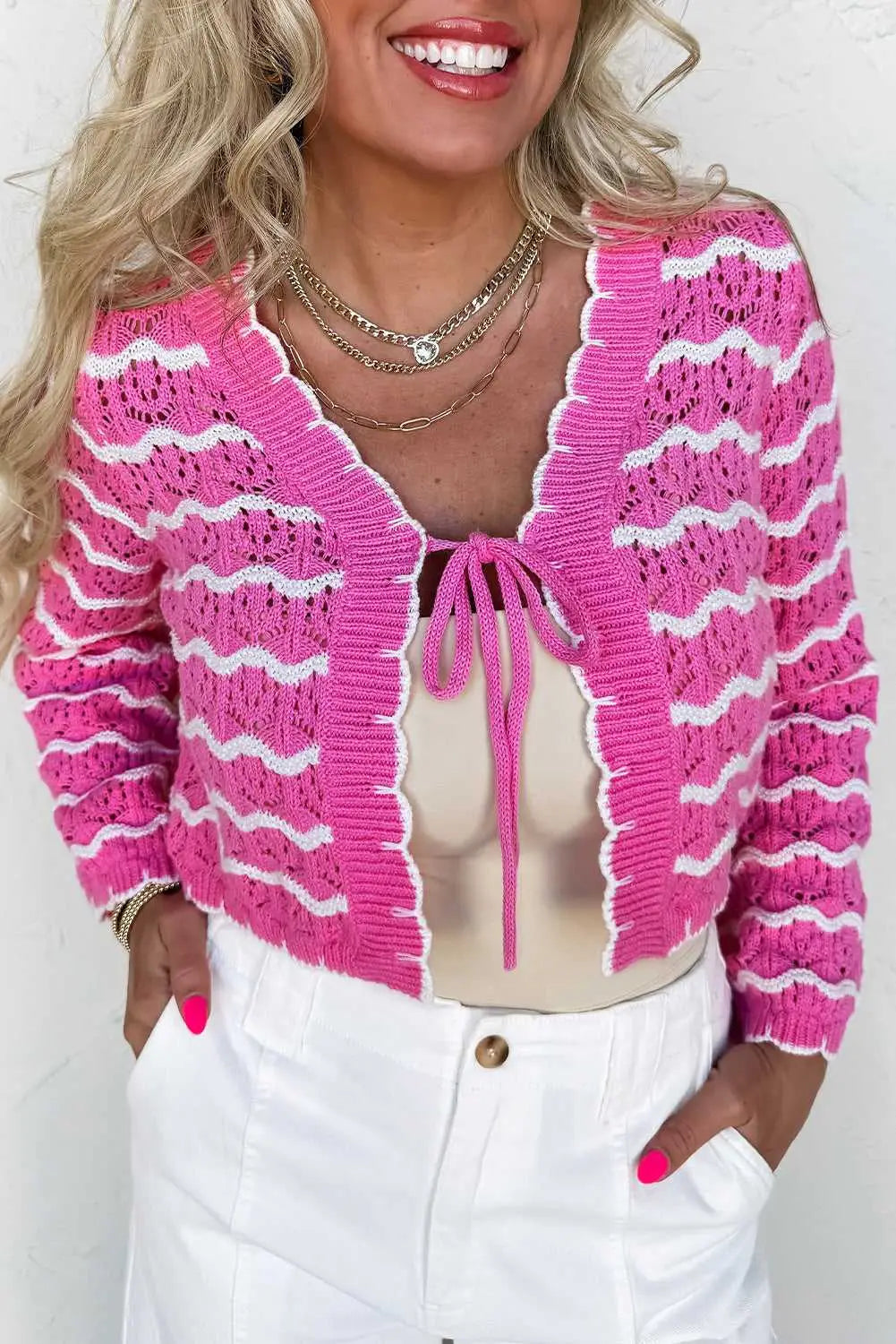 Pink Stripe Crochet Cropped Cardigan