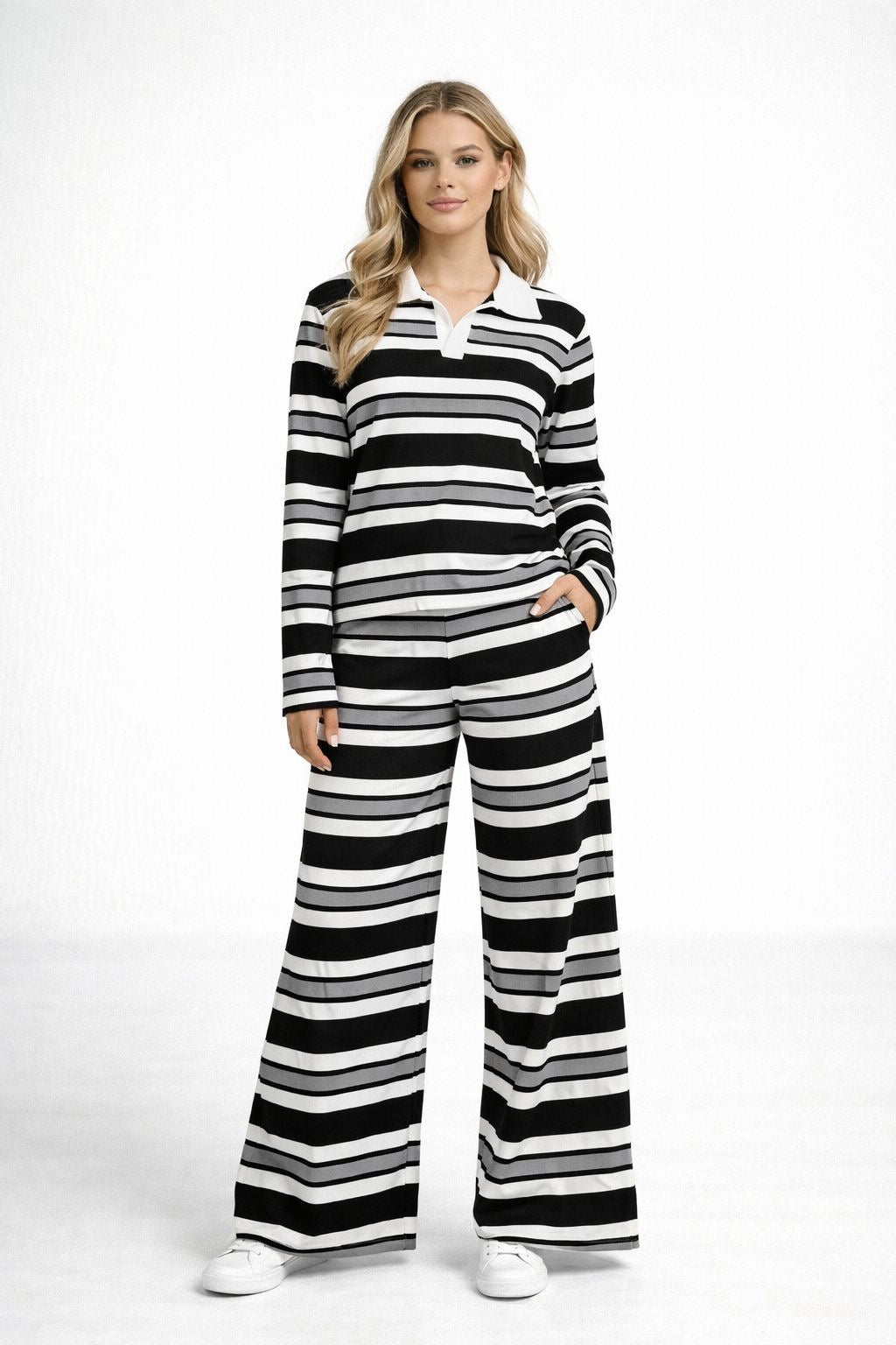Striped Collar Top and Wide Leg Trouser Co-Ord