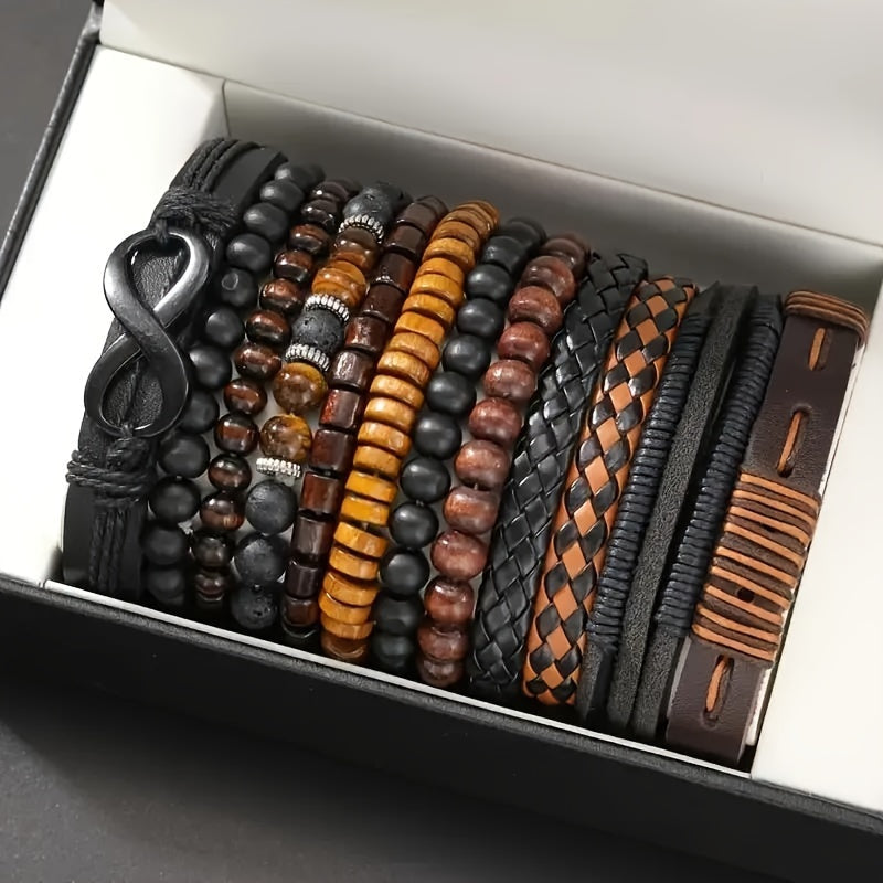 12pcs Vintage Braided Faux Leather Bracelet Set with Tiger Eye & Moonstone Beads