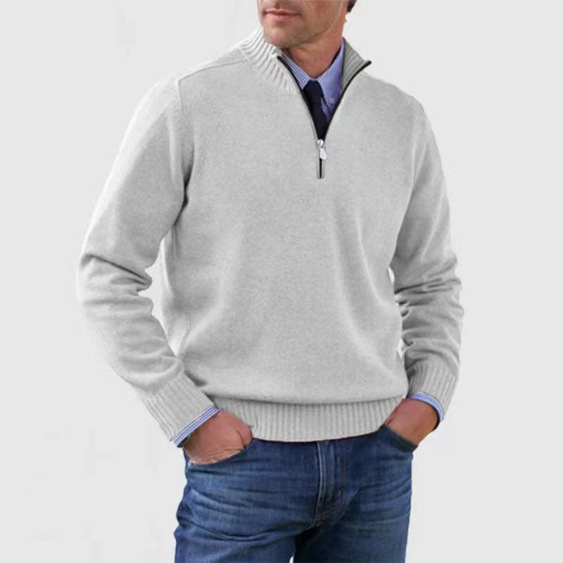 Men's Stand Collar Zipper Sweater Winter Fashion Solid Color Long Sleeve Knitted Top Clothing