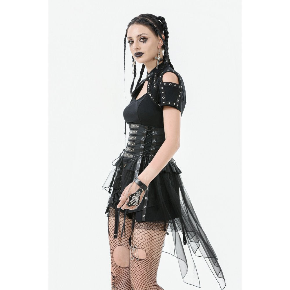 Dark in Love Draven Layered Mesh & Faux Leather Waist Cincher Skirt