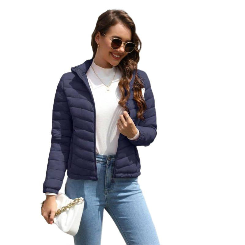 Women's Solid-Color Zippered Hooded Winter Coat Jacket Casual