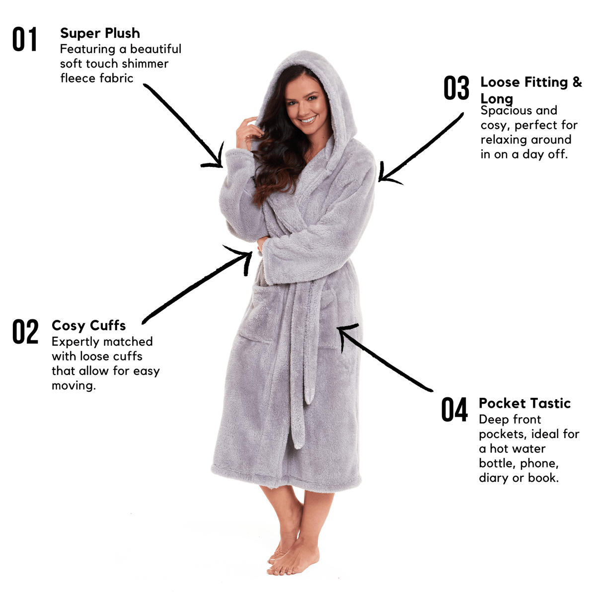 OLIVIA ROCCO Hooded Robe Women Grey Velvet Touch Fleece Soft Durable