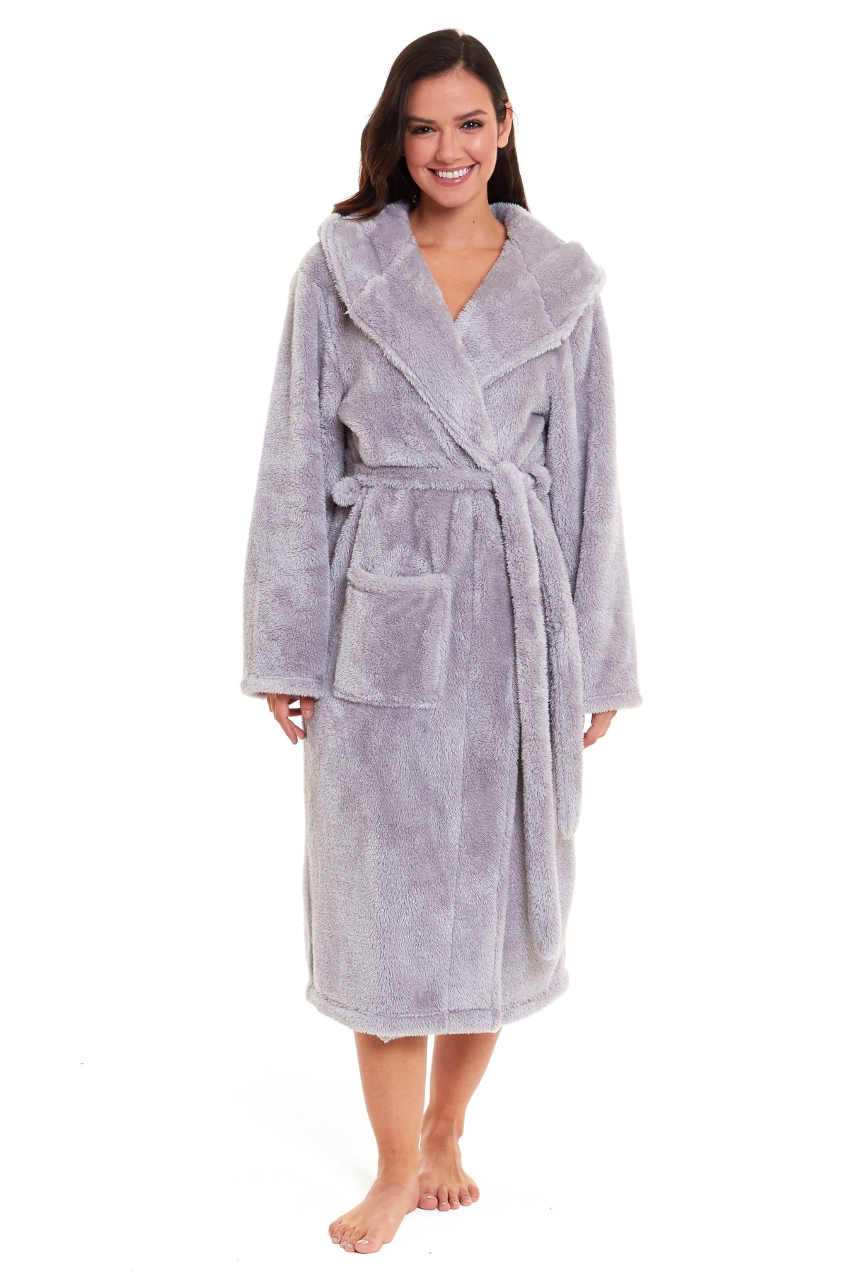 OLIVIA ROCCO Hooded Robe Women Grey Velvet Touch Fleece Soft Durable