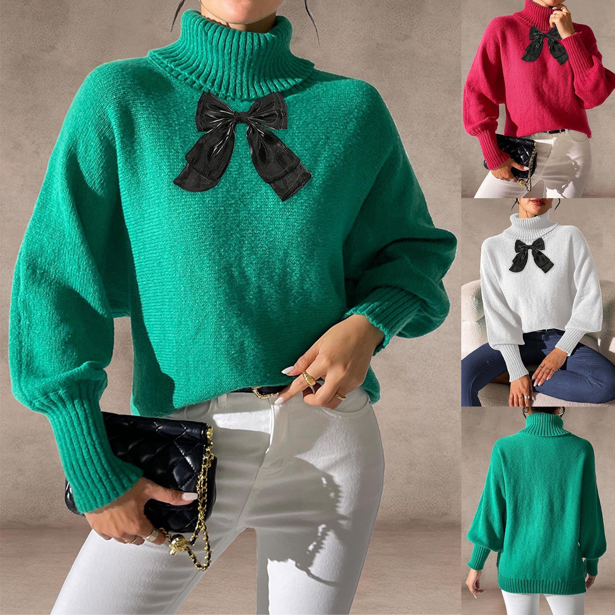 Women's Batwing Sleeve Lace Bow Patchwork Turtleneck Sweater