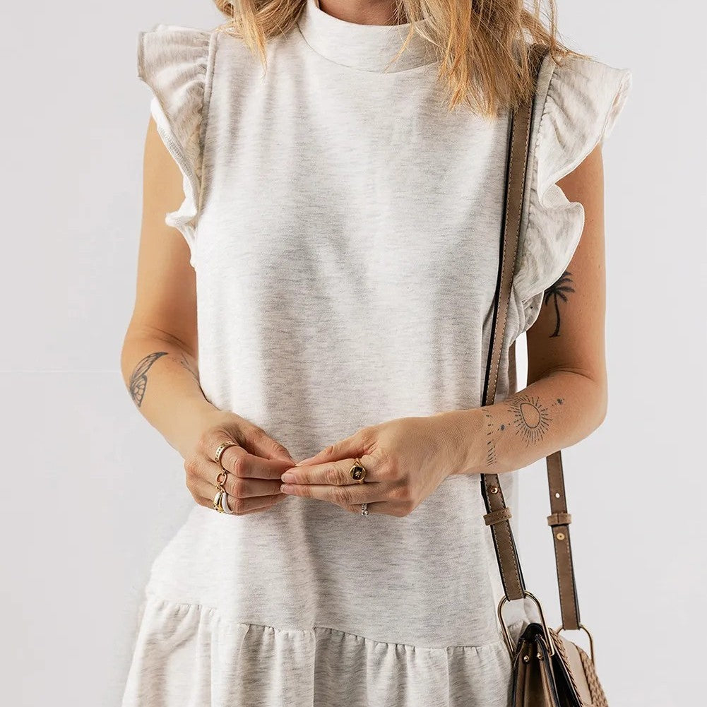 White Flutter Sleeve Crew Neck Dress