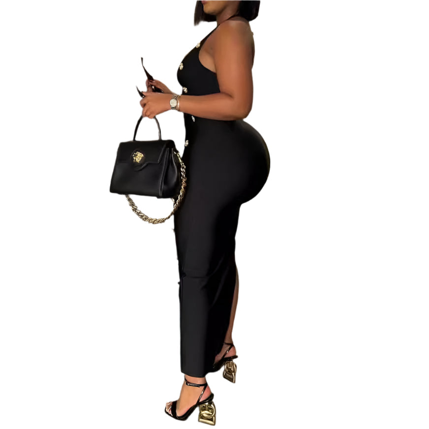 Button Slim Fit Tied High Waist Sexy Socialite Bandage Suspender Dress