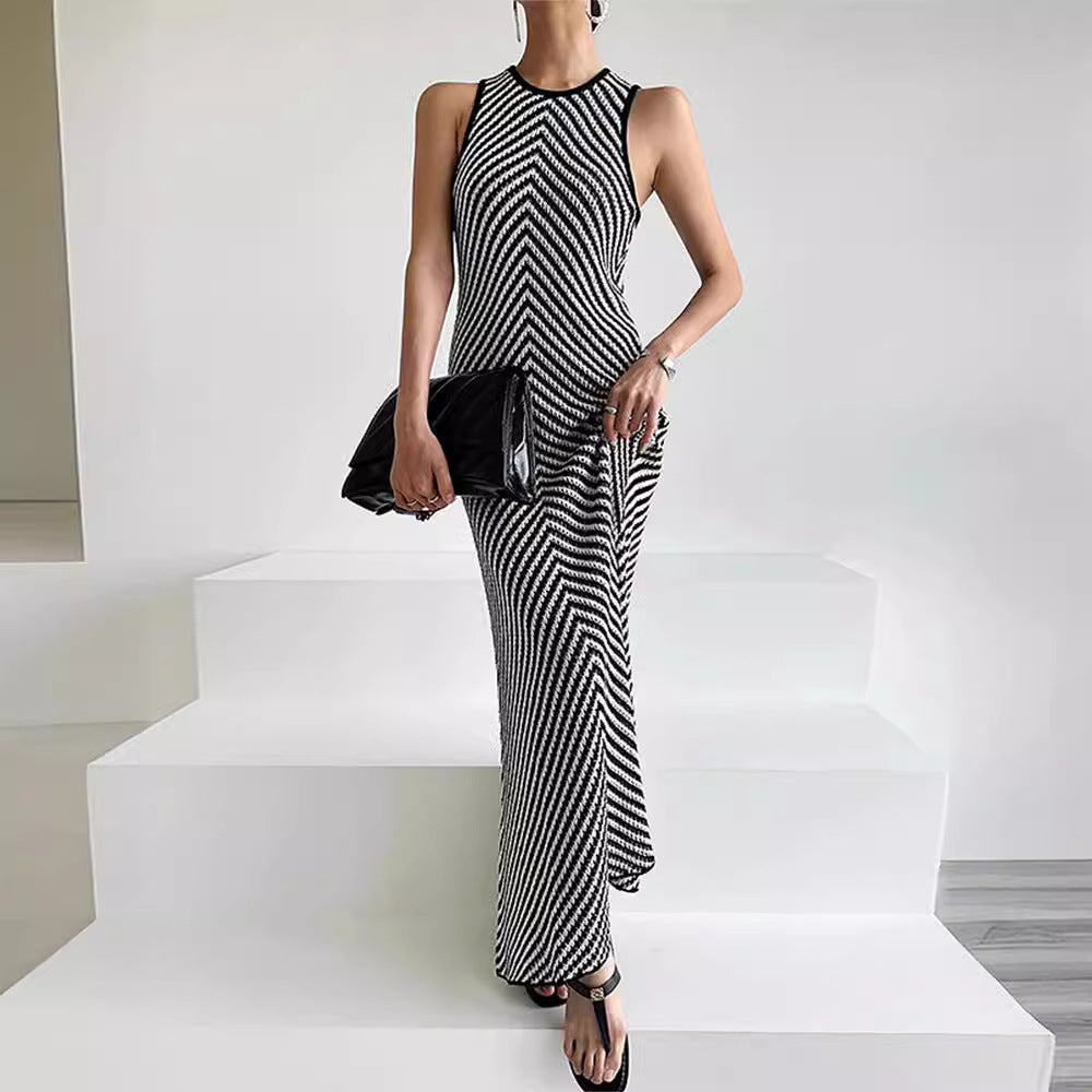 Summer High-grade Round Neck Striped Color Contrast Patchwork Sheath Slim Slimming Sleeveless Knitted Dress