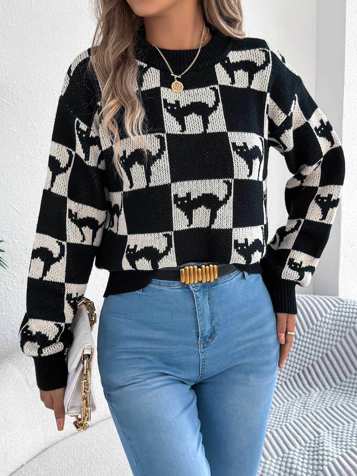 Women Halloween Plaid Lantern Sleeve Long Sleeve Pullover Sweater