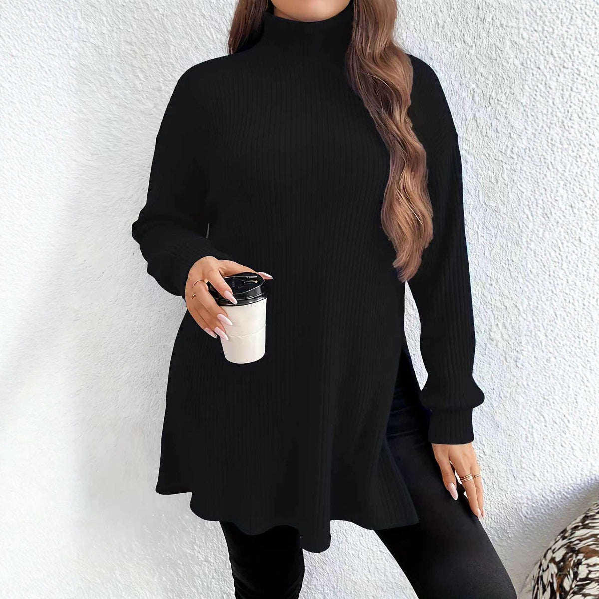 Women's Arrival Irregular Slit Turtleneck Plus Size Sweater Top