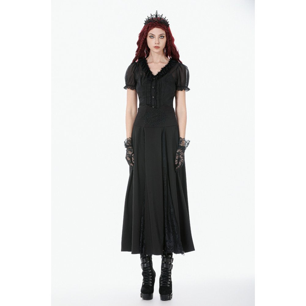 Dark in Love Dalaria High Waist Gothic Long Skirt - Lace Inset Panel
