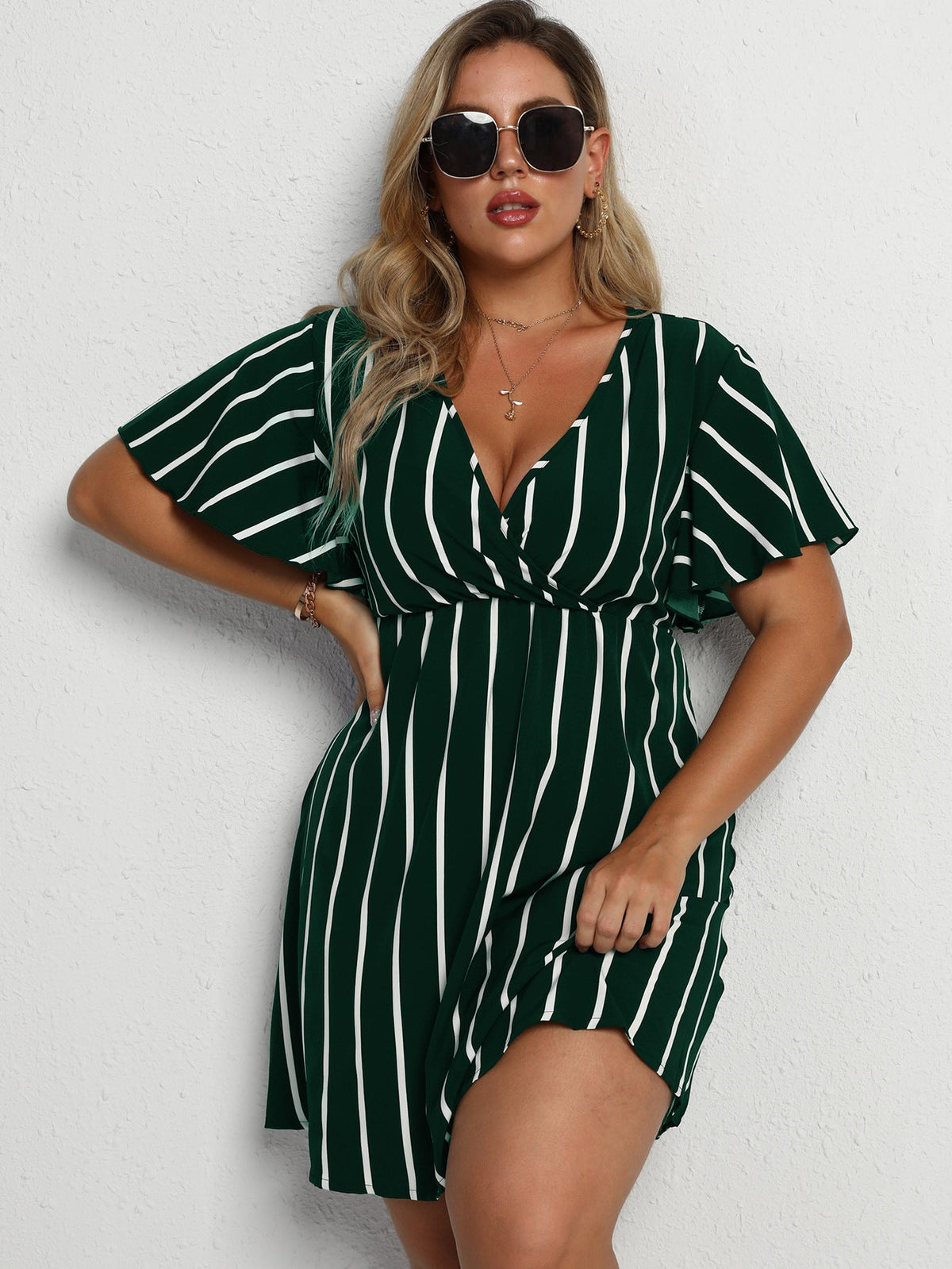Plus Size Women's Loose V-Neck Patchwork Striped Dress