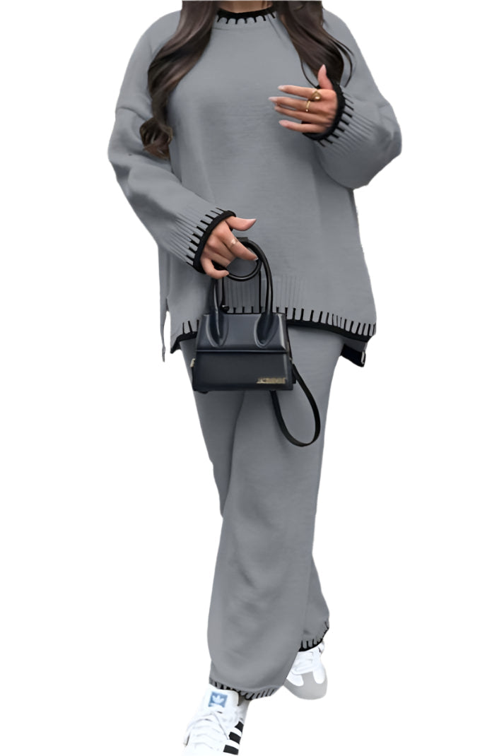 Women's 2-Piece Knitted Co-Ord Lounge Set – Stitched Detail Sweater & Pants Outfit