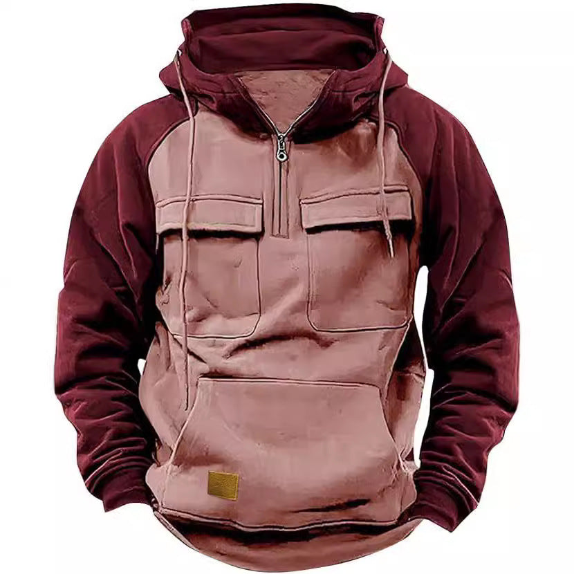 Men's Retro Cargo Half-Zip Fleece Hoodie – Warm Multi-Pocket Outdoor Hooded Jacket