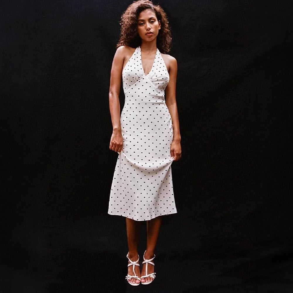 Retro V-neck Halter Slimming Dot Sexy Backless Dress
