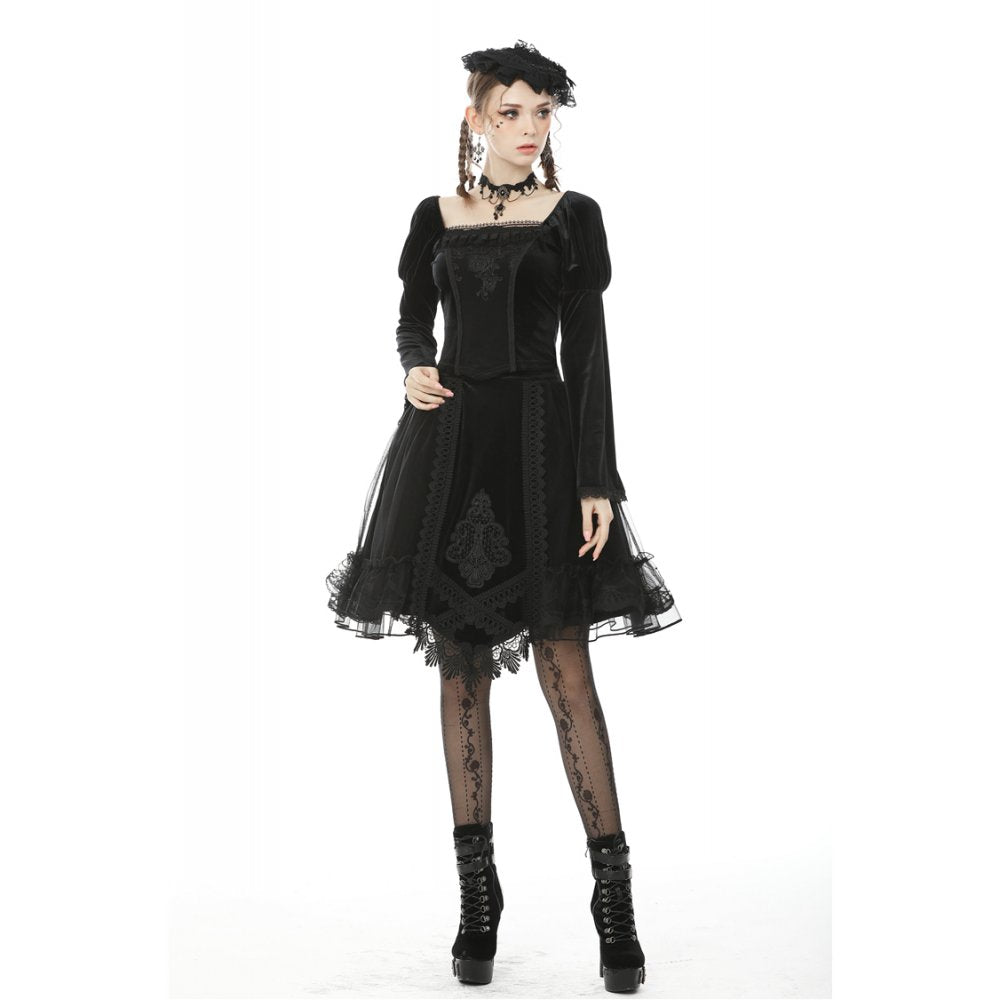 Dark in Love Melisandre Embroidered Velvet Mesh Goth Skirt in Black
