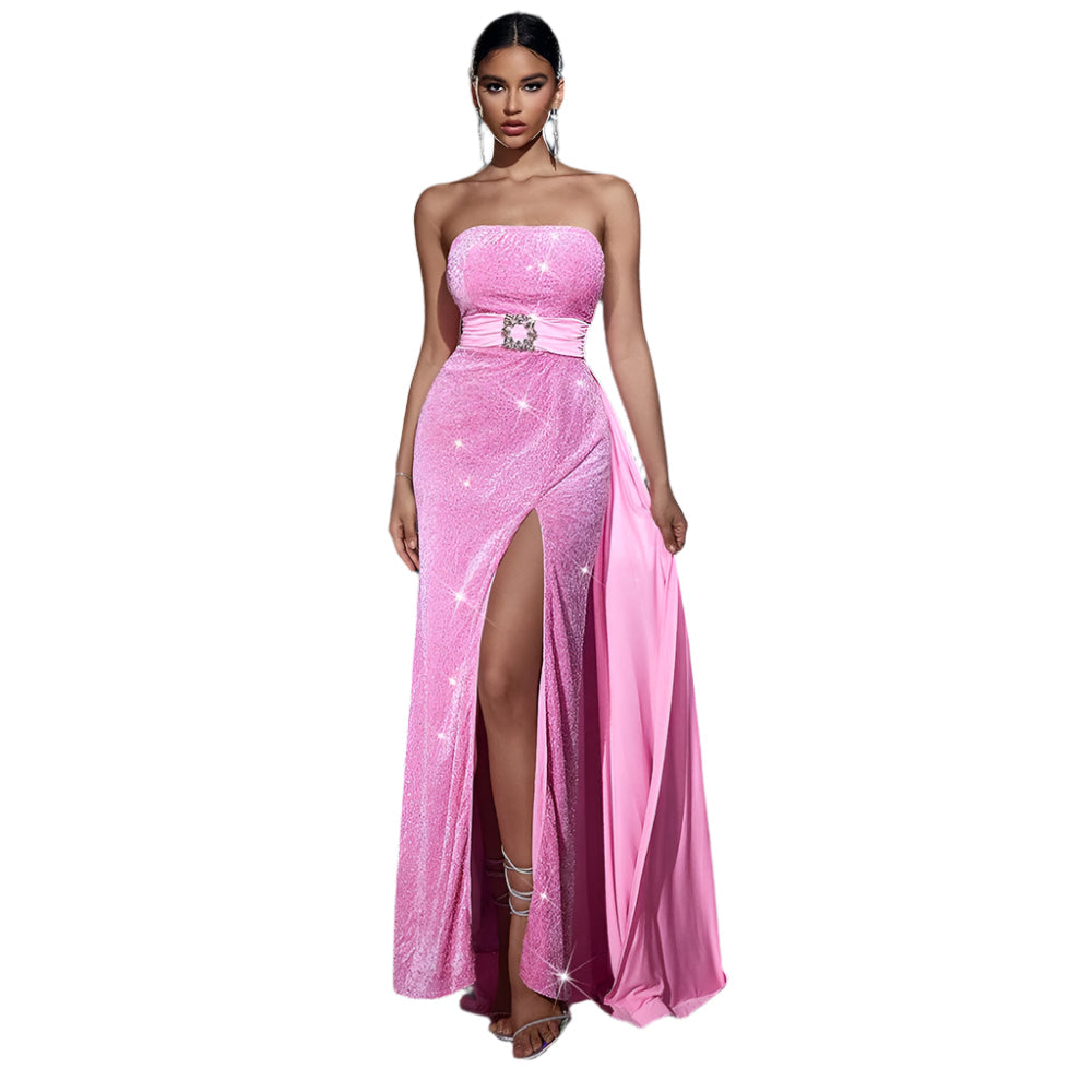 Velvet Sequined Cinched Waist Slim-fit Tube Top Banquet Dress
