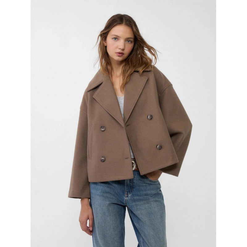 Ins Double-breasted Lapel Blazer Jacket Fashion Loose Woolen Short Coat Elegant Commuting Women's Clothing