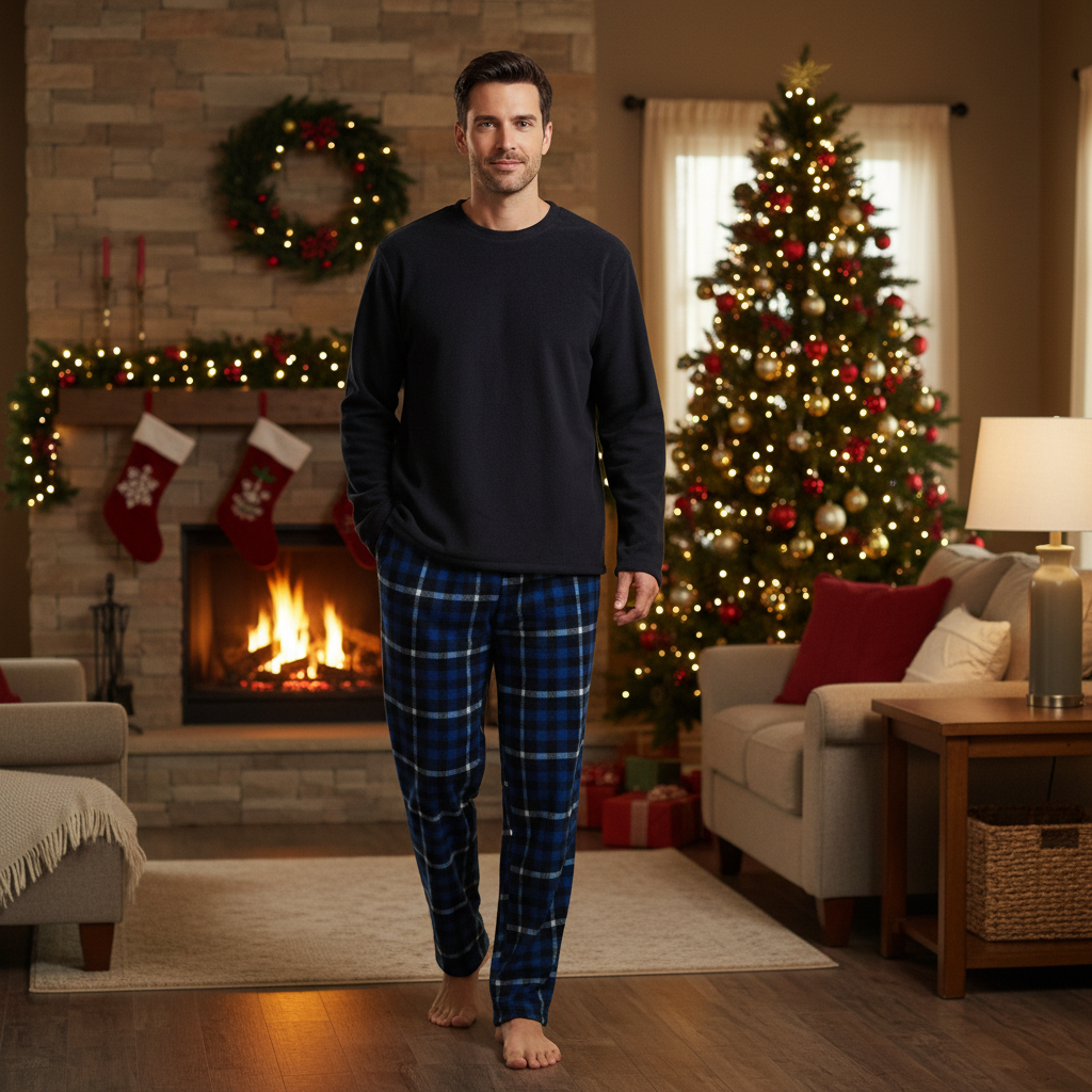 Men's Fleece Pajama Set: Cozy Up in Style with Navy Check Fleece