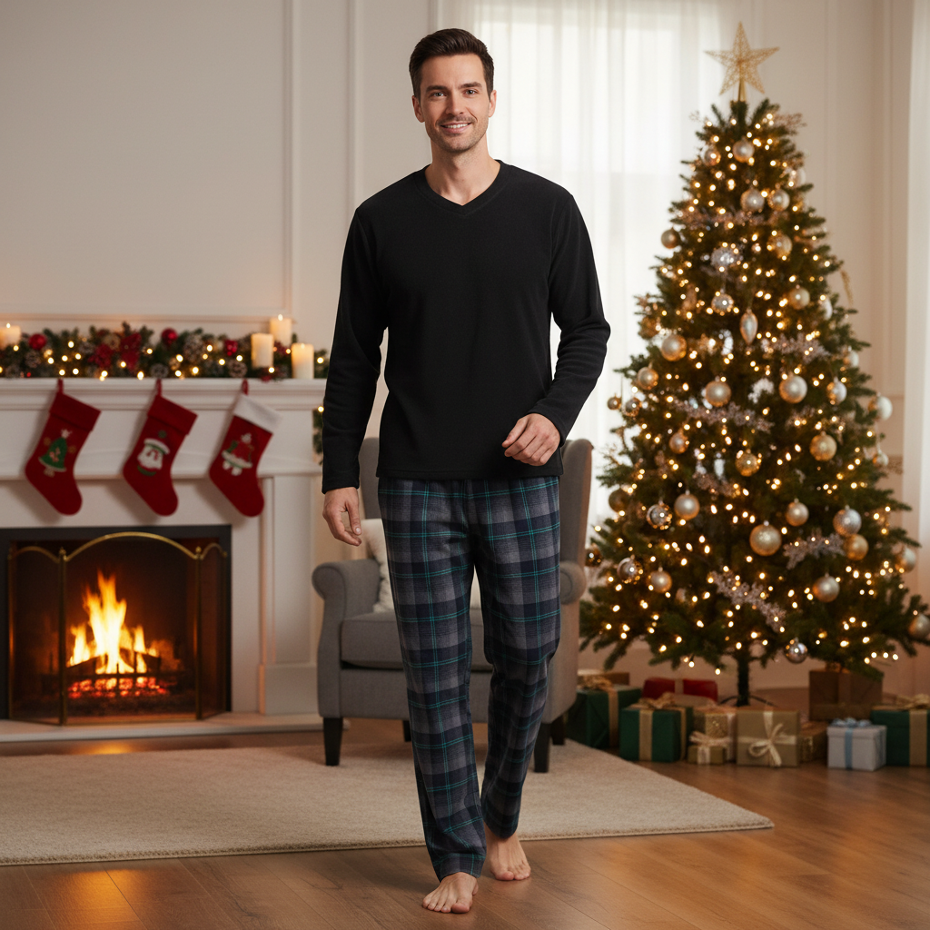 Men's Checkered Pyjamas Loungewear Fleece Top and Cotton Bottoms