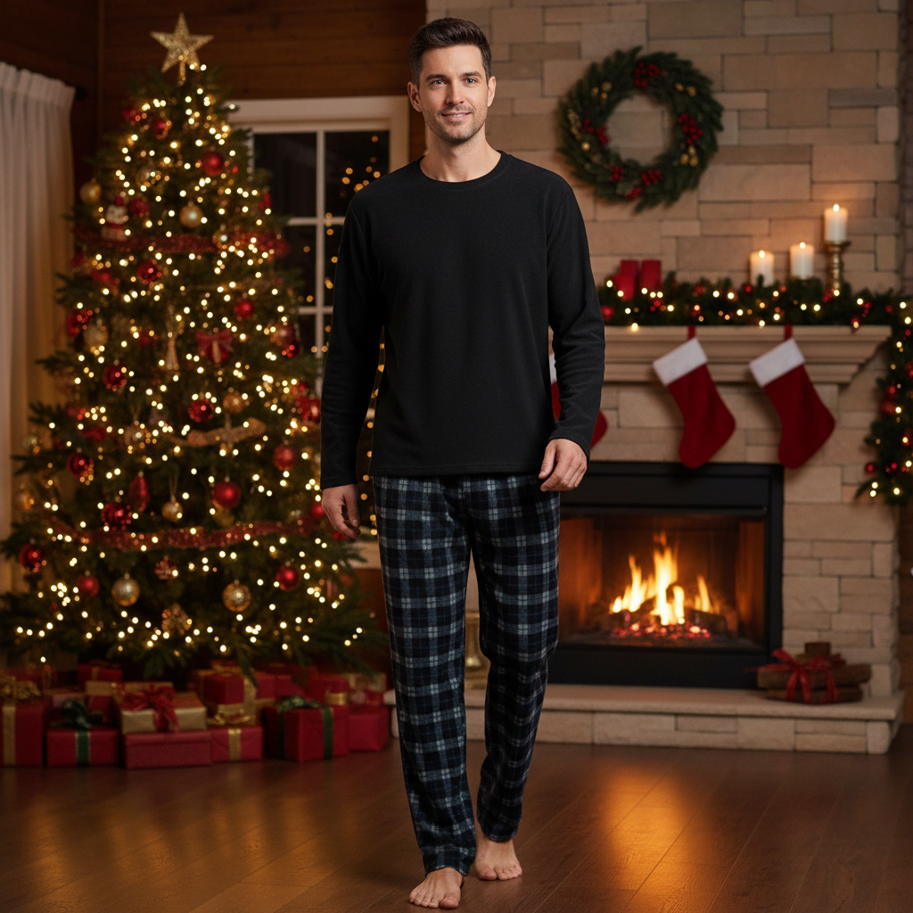 Men's Fleece Pyjama Set: Cozy Black Long Sleeve Loungewear for Ultimate Comfort