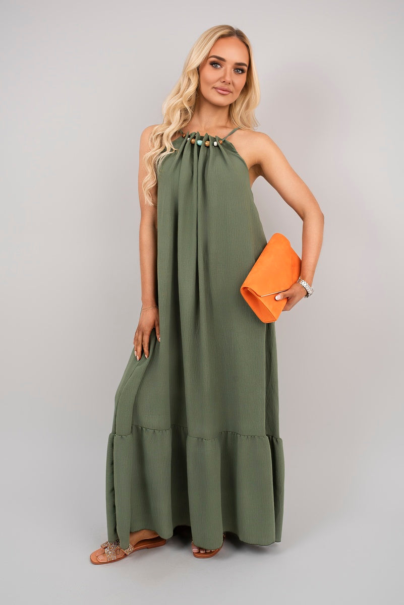 Sleeveless Beaded Halter Neck Maxi Dress with Tiered Hem