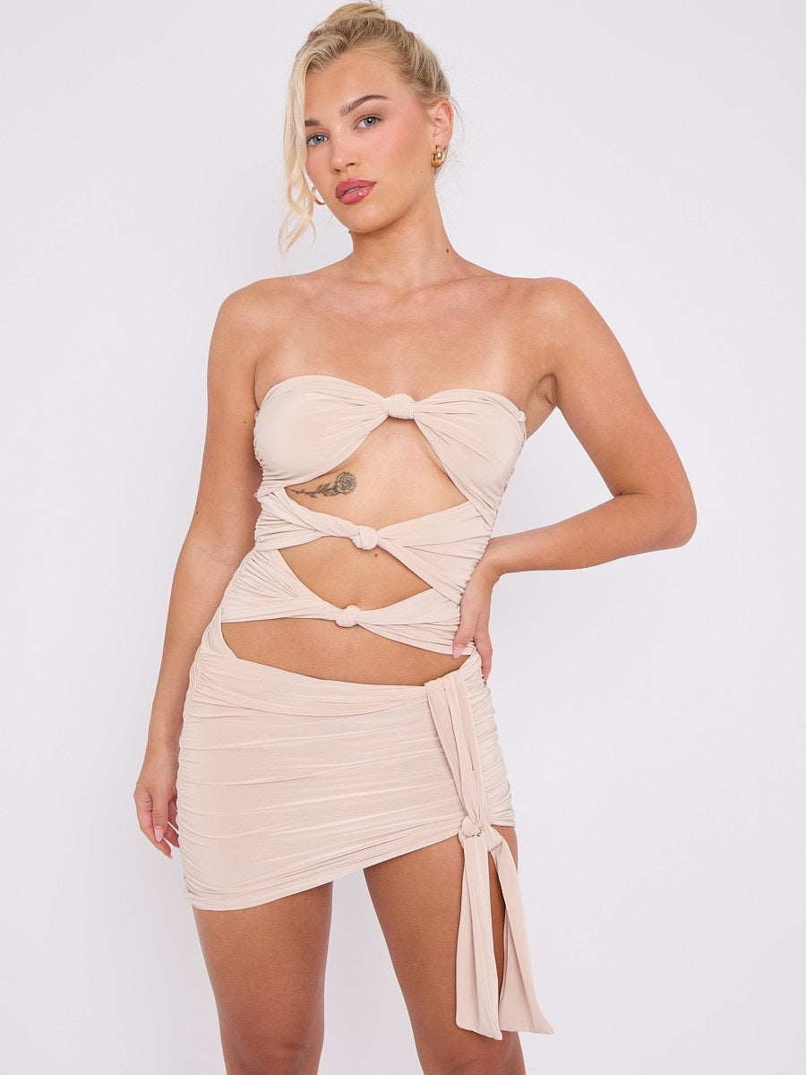 Cut Out Knot Front Bandeau Bodysuit & Mini Skirt Co-ord