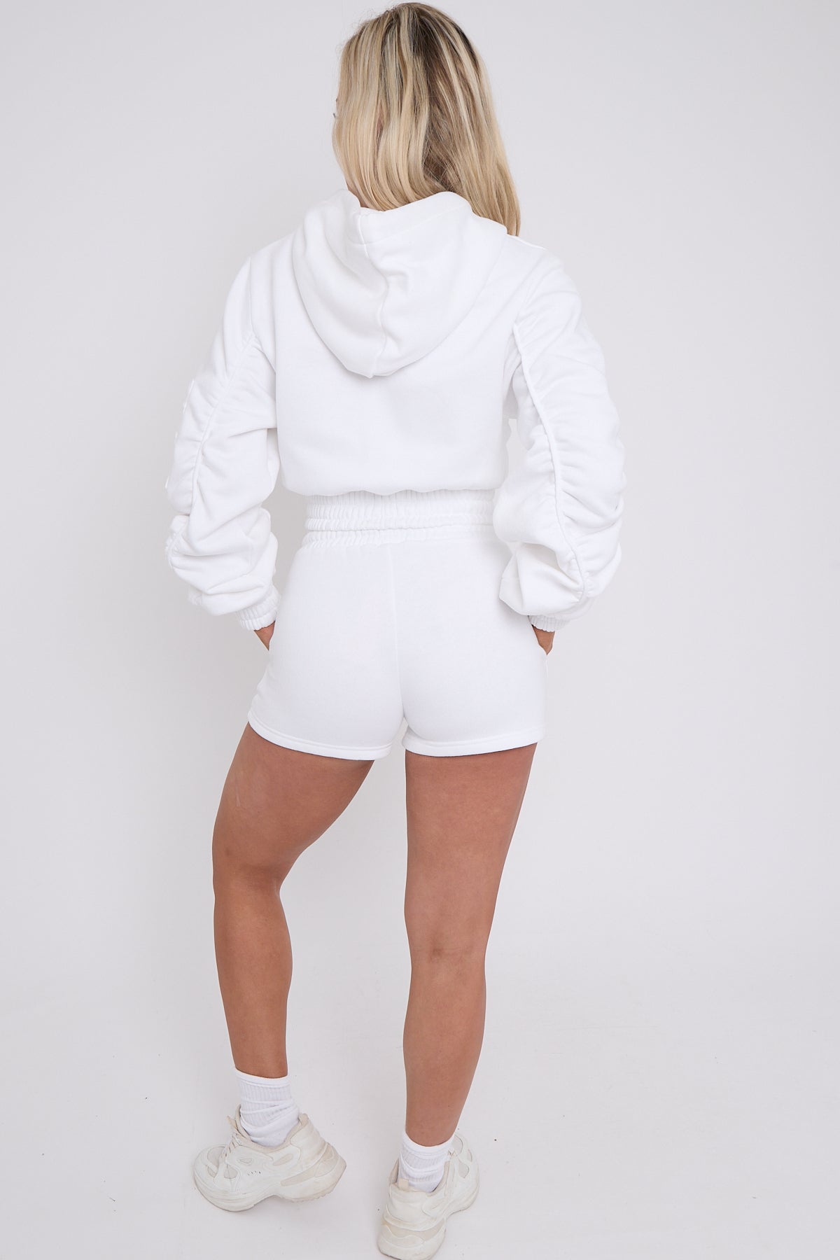 Cropped Zip Up Ruched Sleeve Hoodie & Shorts Fleece Co-ord