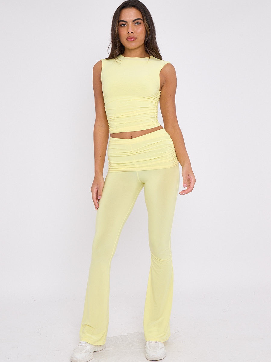 Slinky Sleeveless Ruched Crop Top & Fold Over Flared Trouser Co-ord