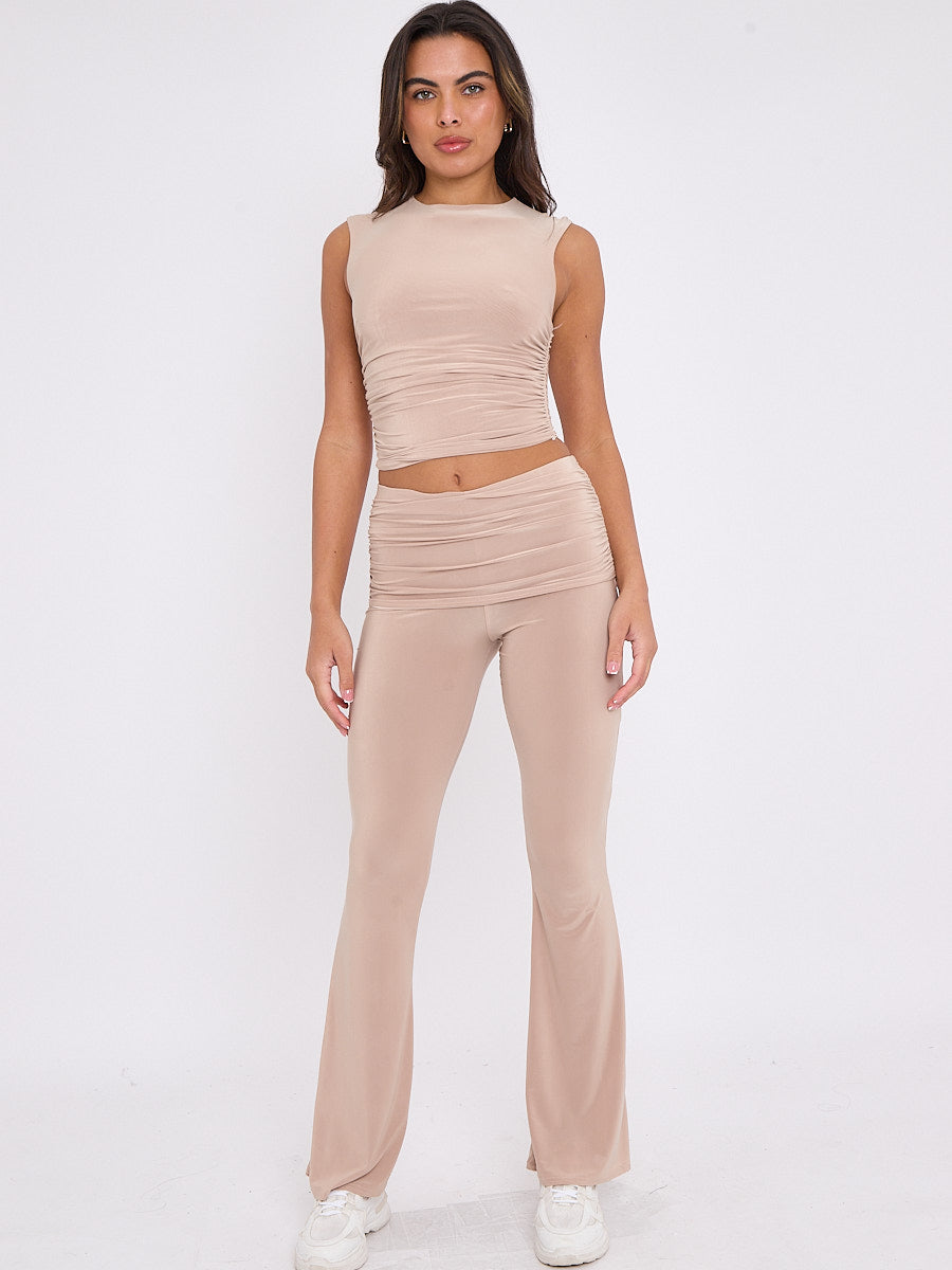 Slinky Sleeveless Ruched Crop Top & Fold Over Flared Trouser Co-ord