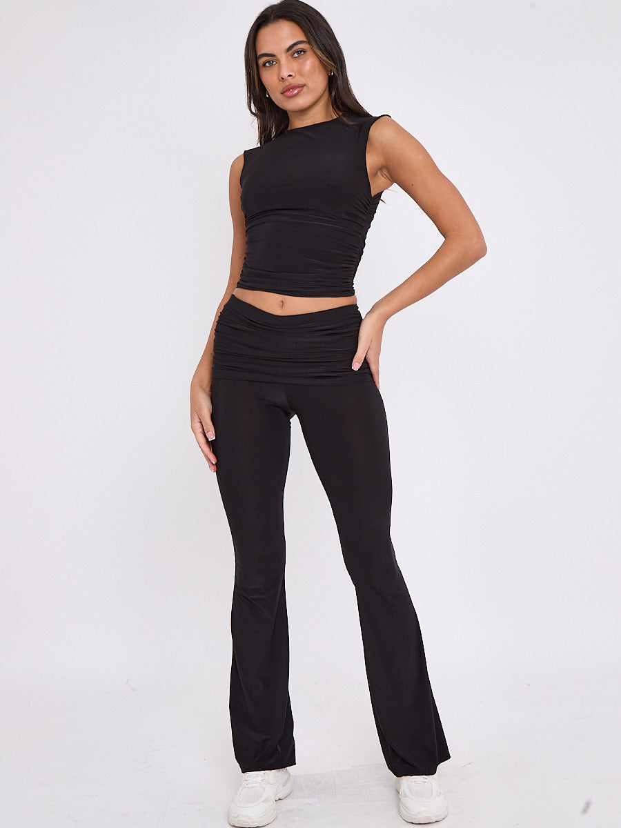 Slinky Sleeveless Ruched Crop Top & Fold Over Flared Trouser Co-ord