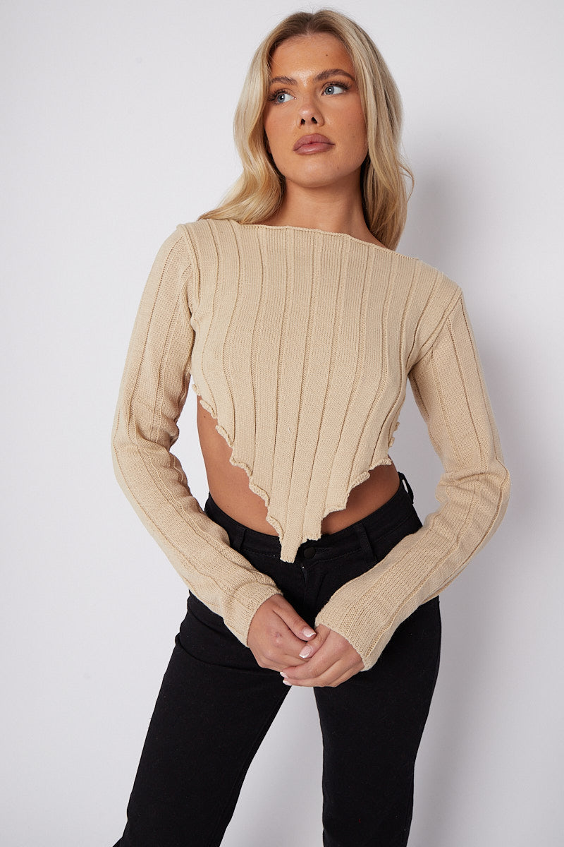 Long Sleeves Asymmetric Hem Ribbed Knit Crop Top