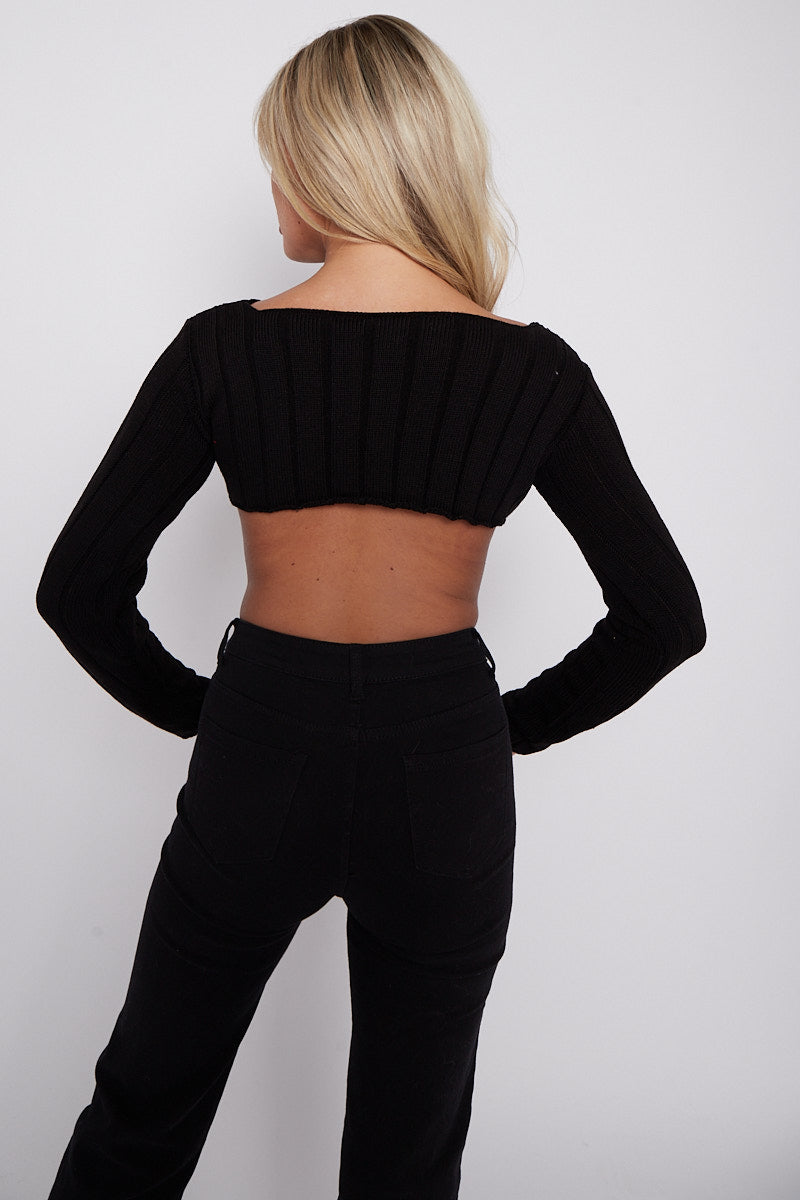 Long Sleeves Asymmetric Hem Ribbed Knit Crop Top