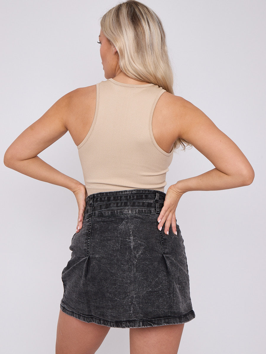 Double Belted Denim Skirt