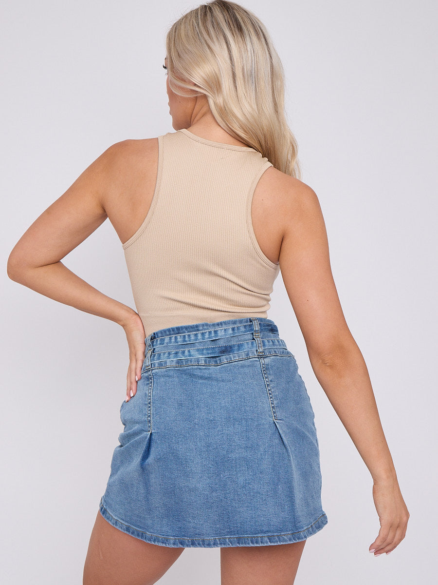 Double Belted Denim Skirt
