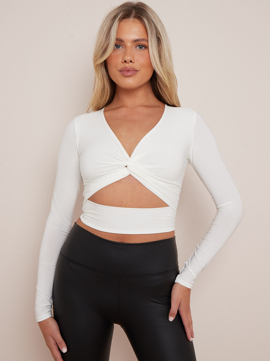 Long Sleeves Twist Knot Cut Out Crop Top