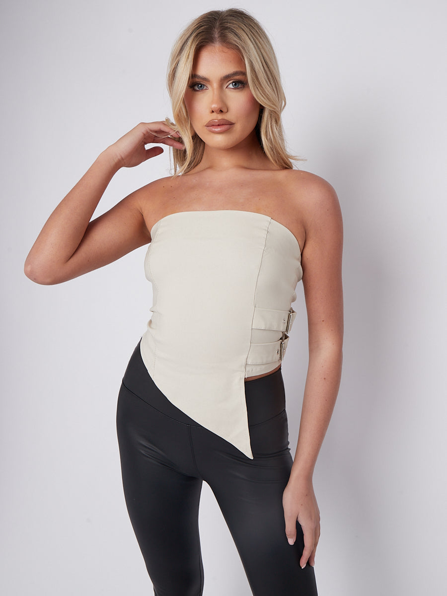 Belted Side Asymmetric Hem Bandeau Crop Top