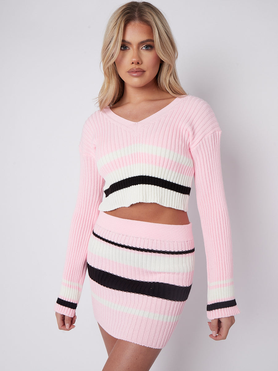 Knitted Striped Crop Top & Mini Skirt Co-ord