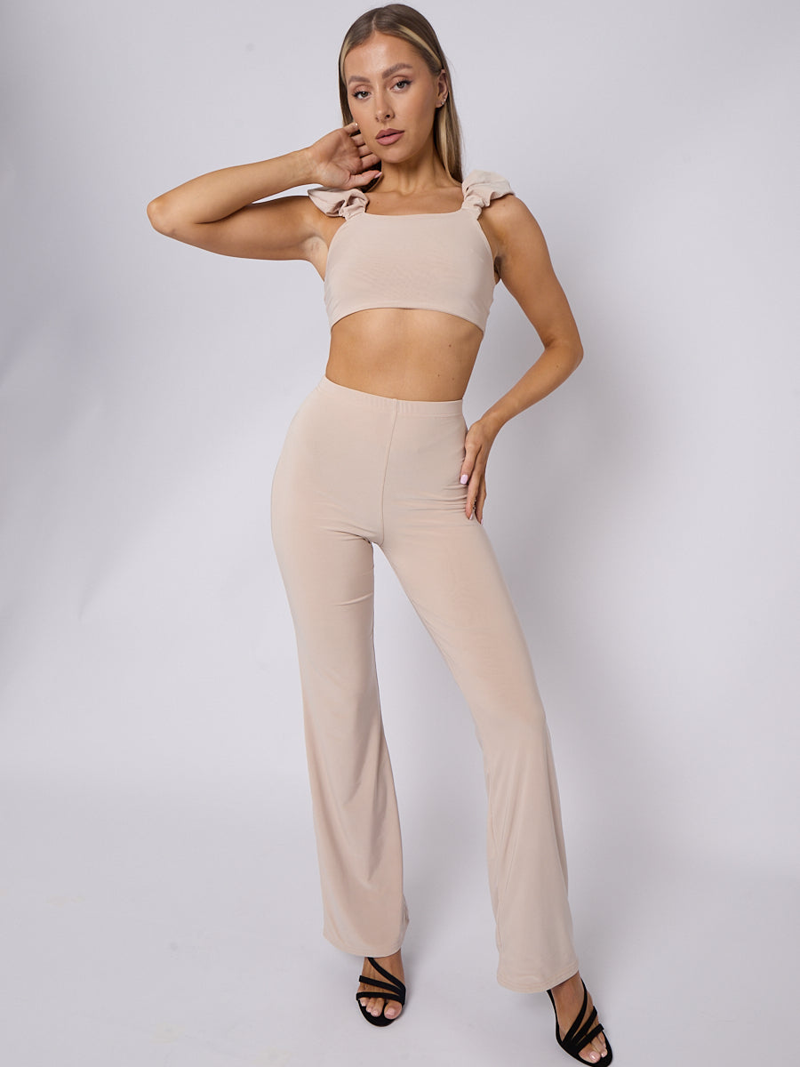 Ruched Straps Crop Top & Wide Leg Trouser Co-ord