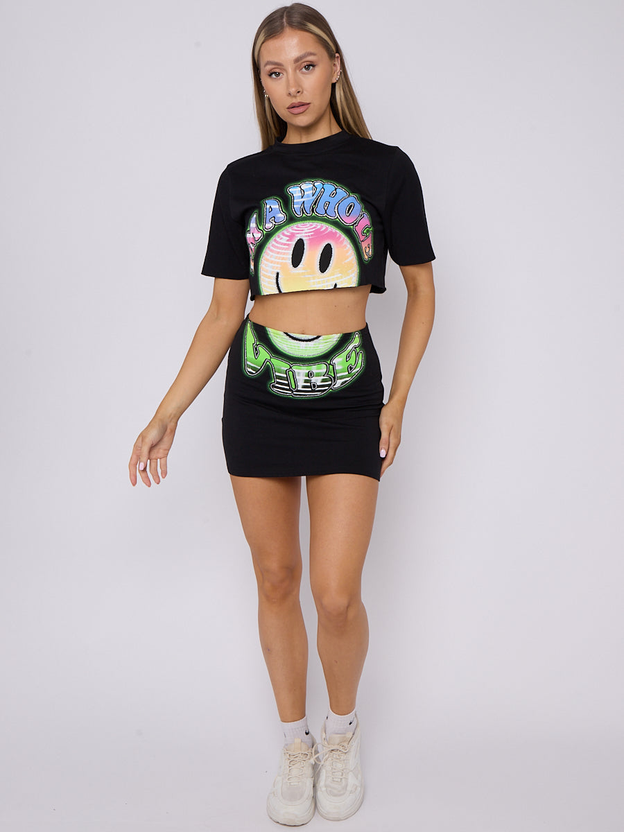 Smiley Graphic Crop Top & Skirt Co-ord