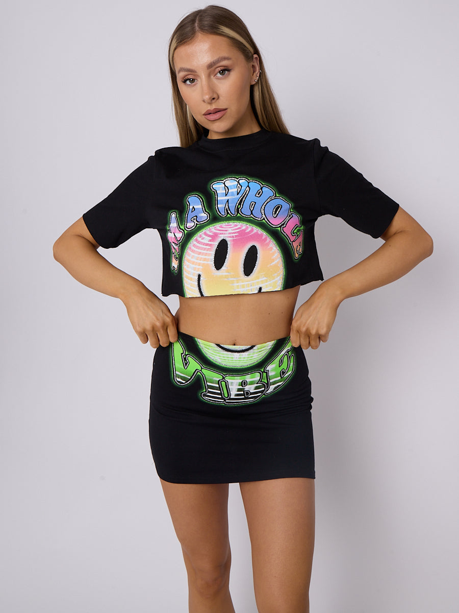 Smiley Graphic Crop Top & Skirt Co-ord