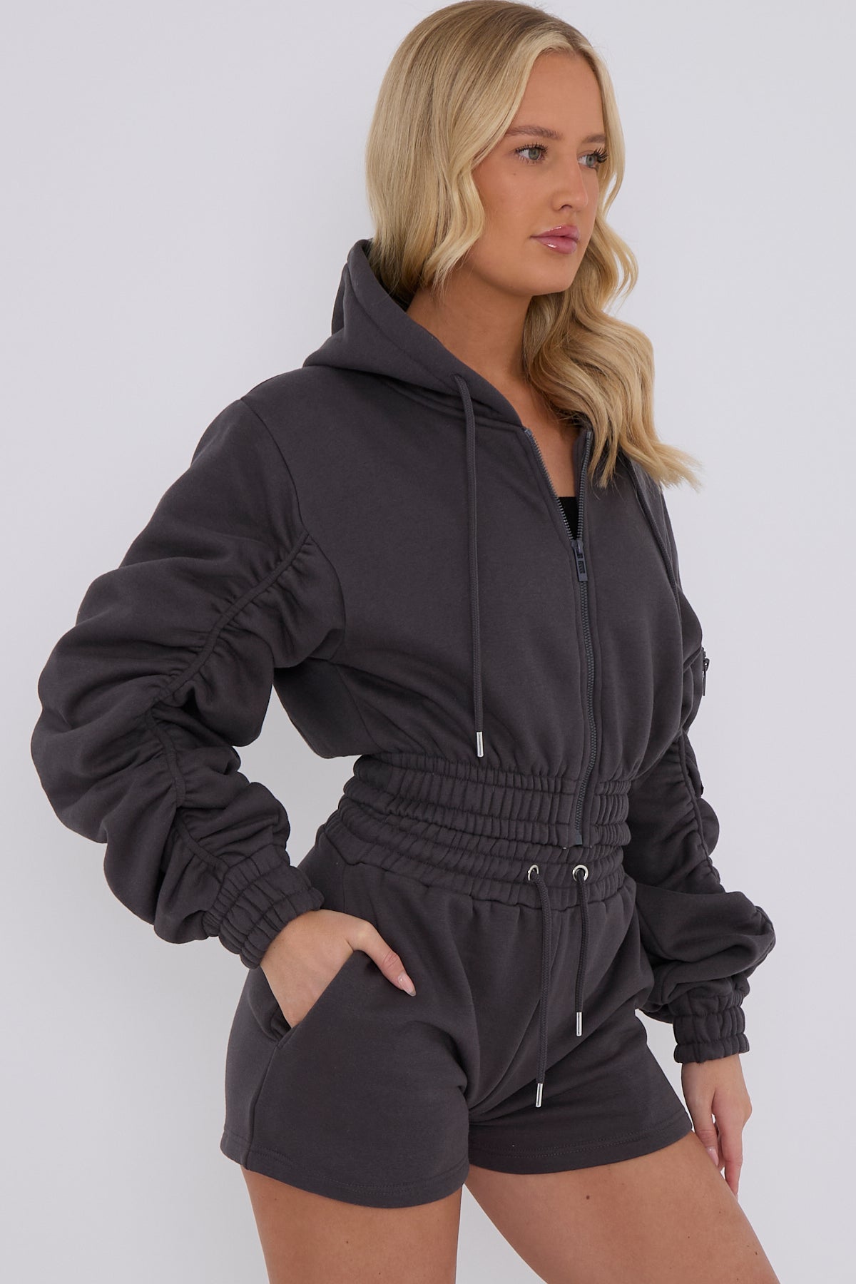 Cropped Zip Up Ruched Sleeve Hoodie & Shorts Fleece Co-ord