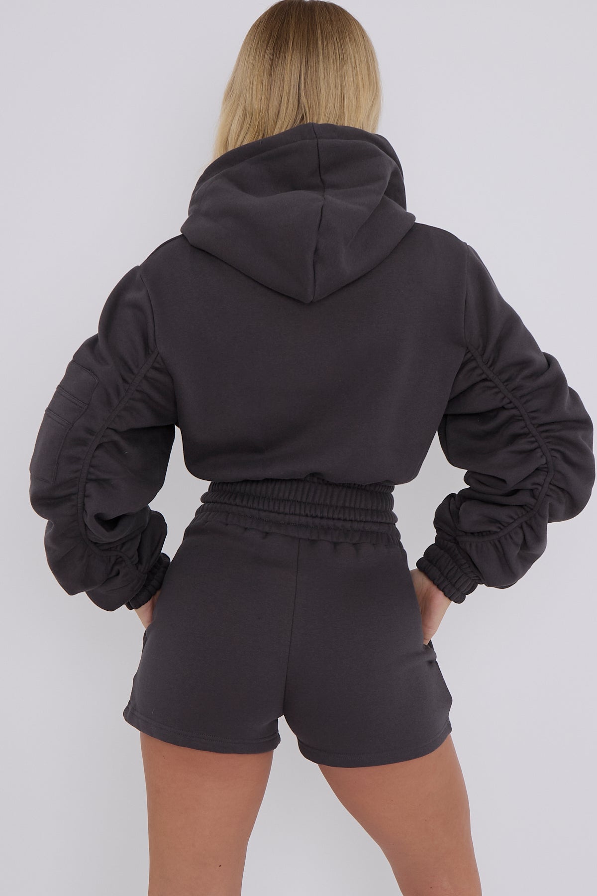 Cropped Zip Up Ruched Sleeve Hoodie & Shorts Fleece Co-ord